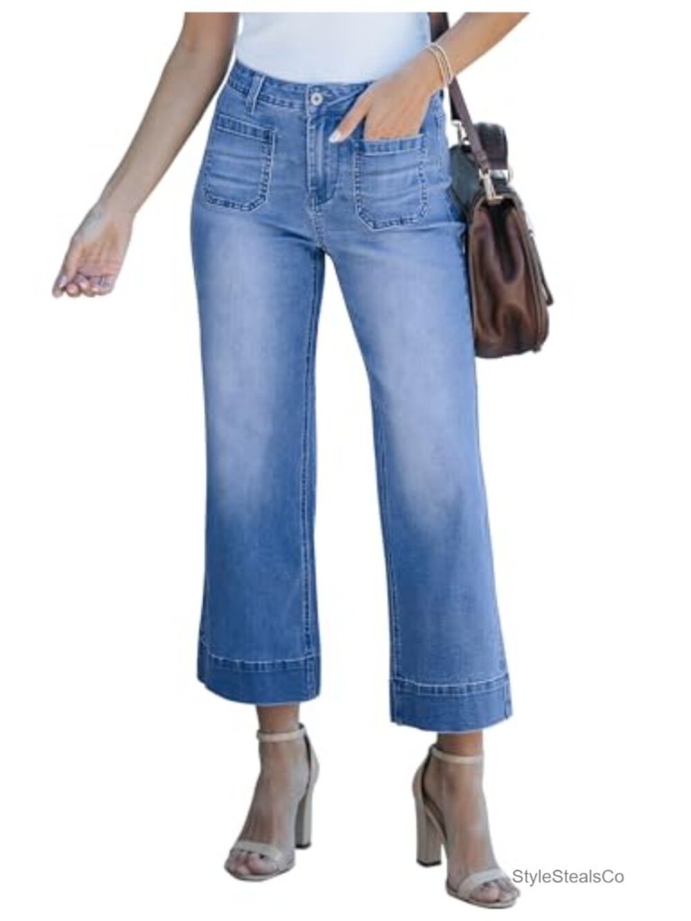 Wide Leg High Waisted Cropped Stretchy Denim Jeans Flare Pants